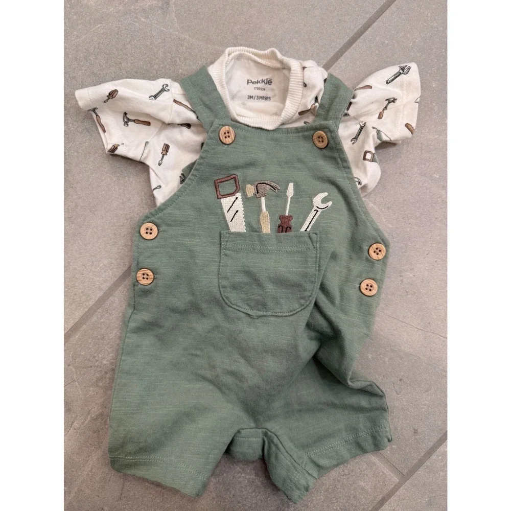 Pekkle Baby Boys Tool Print T-Shirt and Sage Green Overalls Set 3M 1750239